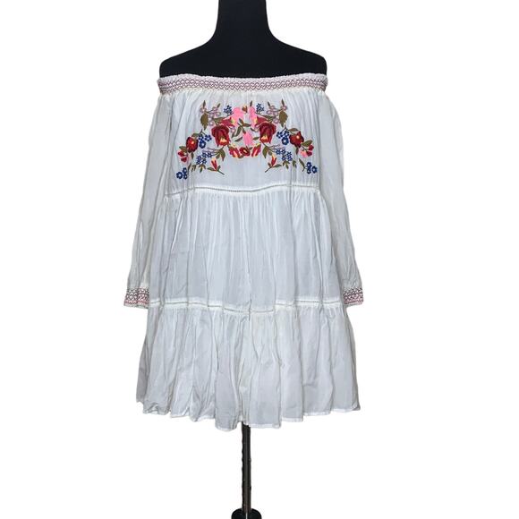 Free People Sunbeams Embroidered Off Shoulder Boho Mini Dress size XS - Picture 1 of 13